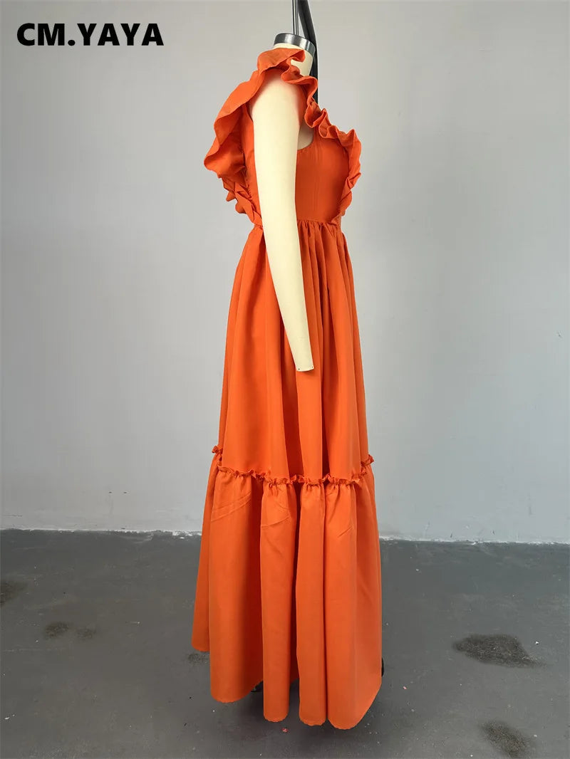 CM.YAYA 2024 Summer Ruffles Short Sleeve Sweet Cute O-Neck Floor-Length Long Women Dress Beach Streetwear Big Swing Maxi Dresses