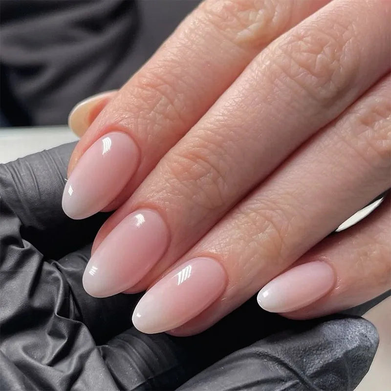 24Pcs Simple French Fake Nails Set with Glue Gradient White Almond Press on Nails Detachable Stiletto Full Cover False Nail Tips