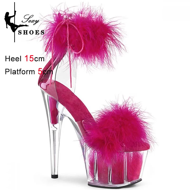 New Cover Heels Buckle Strap Women Sandals Platform Open Toe Color Feather Bride's Wed-ding Shoes Stripper Nightclub Party Heels As Picture Shown