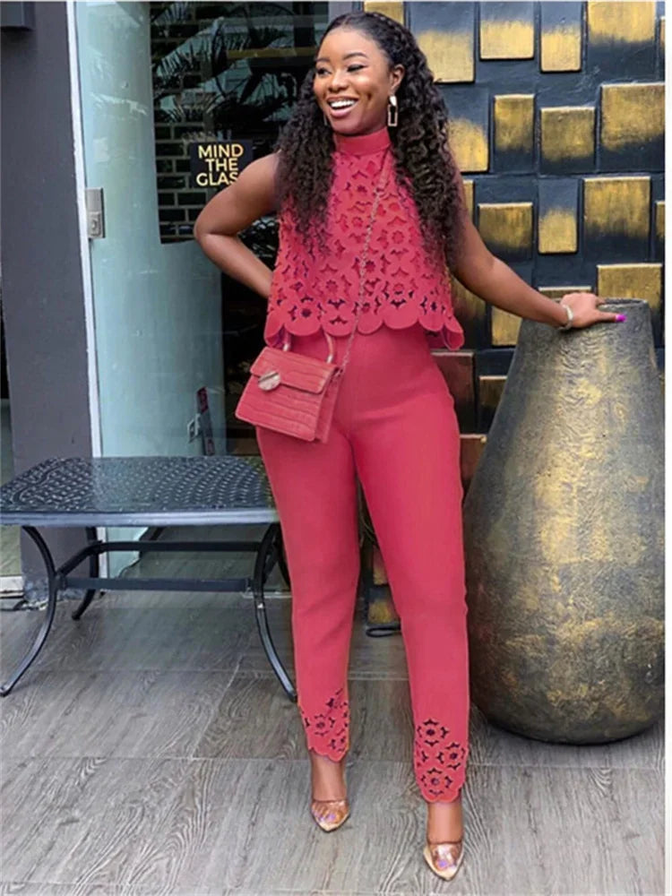 Wmstar Women Two Piece Set Plus Size Summer Fashion Sleeveless Casual Outfits Solid Color Holiday Long Pants Office Streetwear