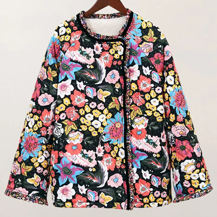 TRAFZA Women's Flower Print Coat Quilted Reversible Long Sleeve Open Front Two In One Jackets Autumn Vintage Streetwear