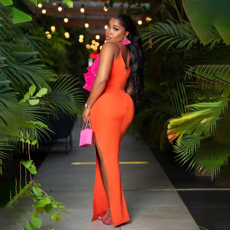 Fashion Orange Color Women Sleeveless Sexy V-Neck Ruffles Bodycon Mid-calf Bandage Dress Birthday Celebrate Party Dress