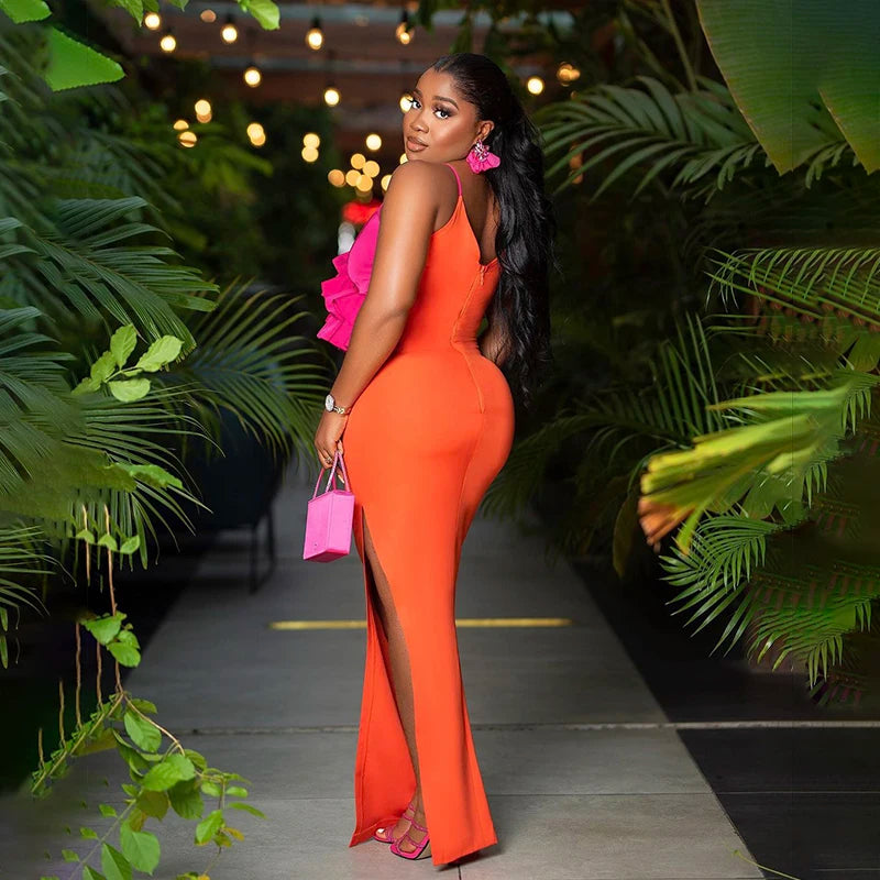 Fashion Orange Color Women Sleeveless Sexy V-Neck Ruffles Bodycon Mid-calf Bandage Dress Birthday Celebrate Party Dress