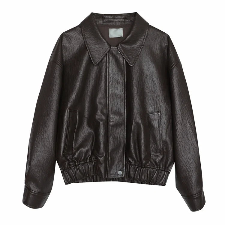 Spring Autumn Cool Handsome Short Brown Hard Pu Leather Jacket Women Zipper Long Sleeve Luxury Designer Clothes 2024