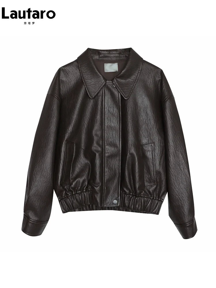 Spring Autumn Cool Handsome Short Brown Hard Pu Leather Jacket Women Zipper Long Sleeve Luxury Designer Clothes 2024