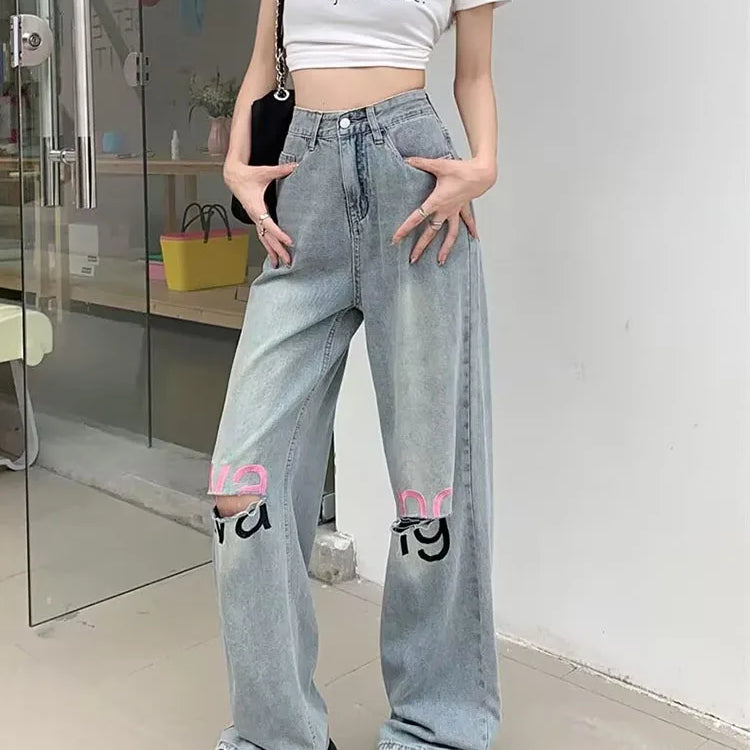 Y2K American Retro Gothic High Waist Perforated Women's Summer New High Street Loose Letter Embroidered Wide Legs