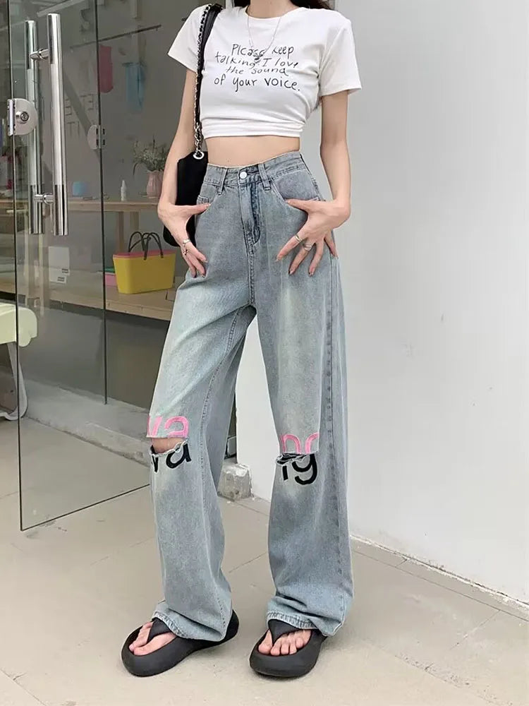 Y2K American Retro Gothic High Waist Perforated Women's Summer New High Street Loose Letter Embroidered Wide Legs