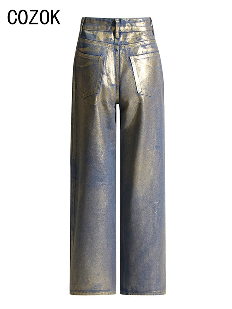Metallic Wide Leg Jeans High Waist Pants For Women Autumn Vintage Y2K Streetwear Casual Loose Straight Denim Trousers