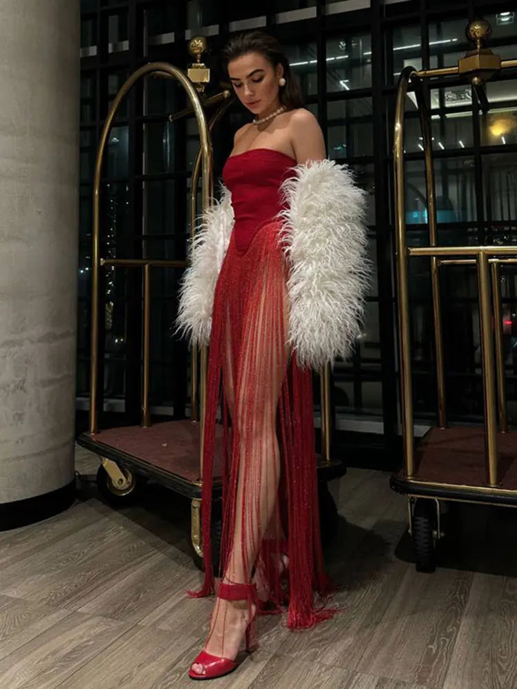 2024 Sexy Women's Black Bandage jumpsuit Tassel Dress Strapless Sleeveless Slim Fit Long Dresses Cocktail Evening Party Vestidos