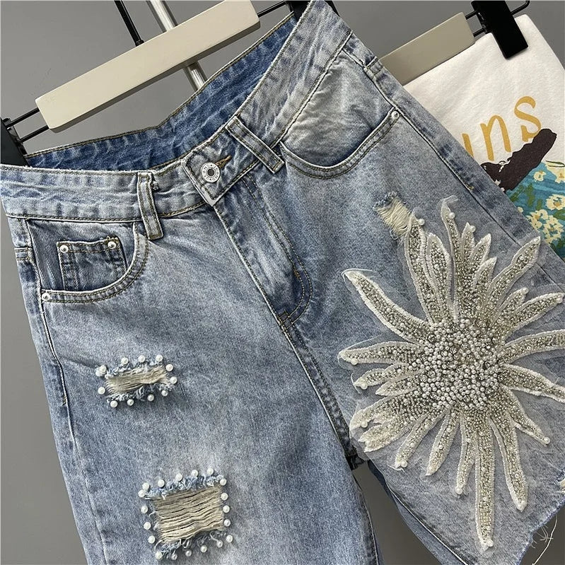 Summer Denim Shorts Women Tassel Sequin Beading Fashion Ripped Jeans Shorts High Waist Knee Length Pants Female