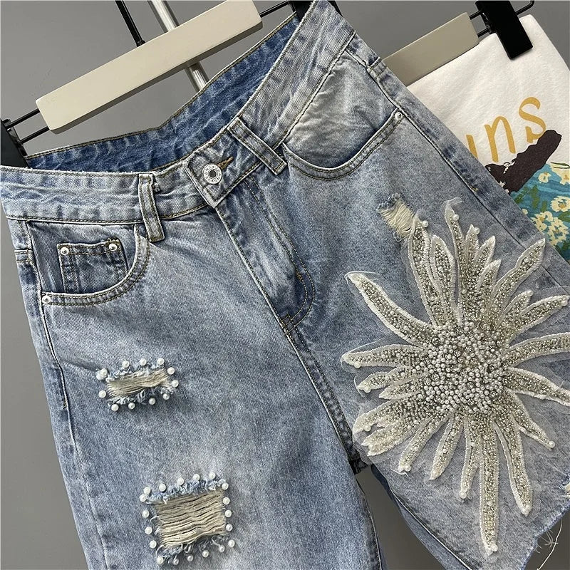 Summer Denim Shorts Women Tassel Sequin Beading Fashion Ripped Jeans Shorts High Waist Knee Length Pants Female