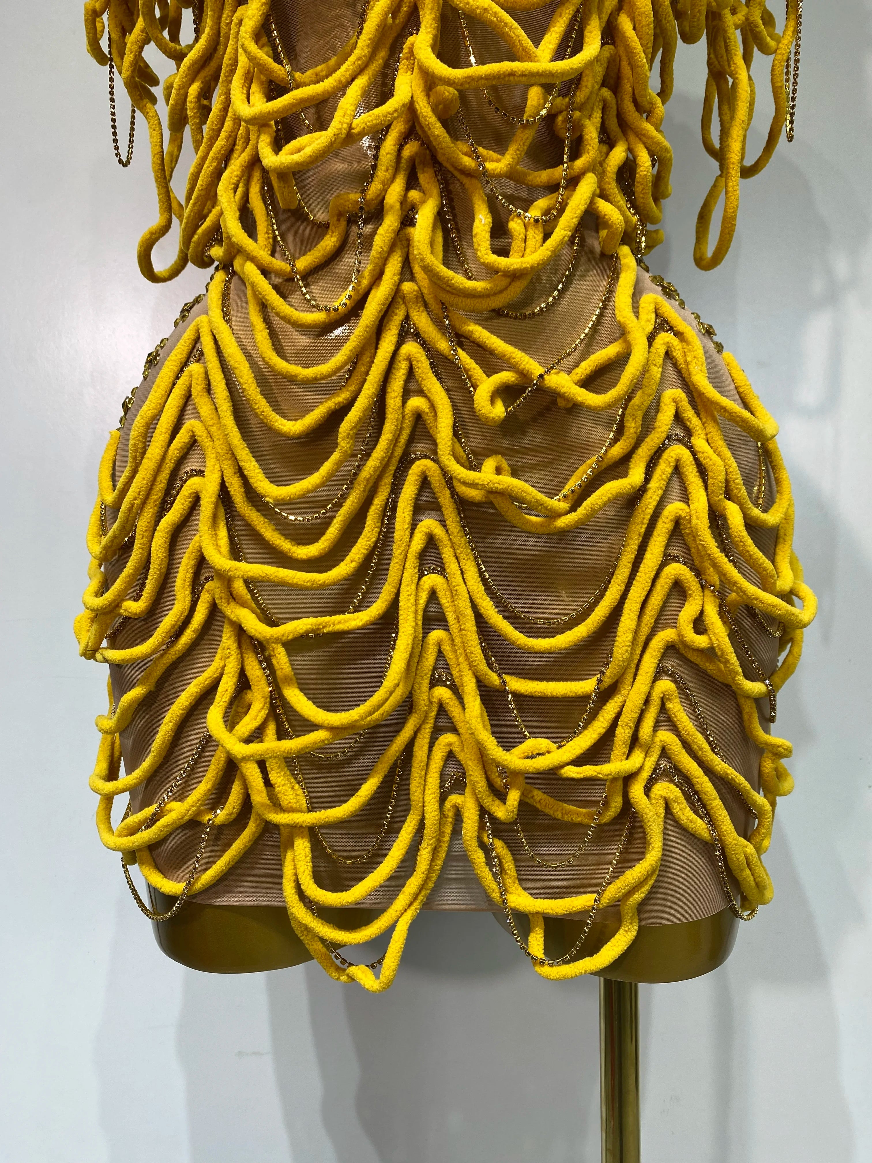 Women Sexy Mesh See Through Designer Rhinestones Chain Stage Performance Costume Nightclub Celebrate Party Luxury Birthday Dress