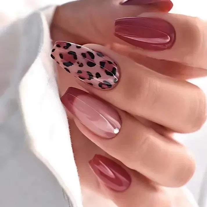 Cherry Leopard Print Almond Fake Nails Art Ballet Pointed False Nails Charms Flower Star Love Heart Press on Nails Manicure Tool