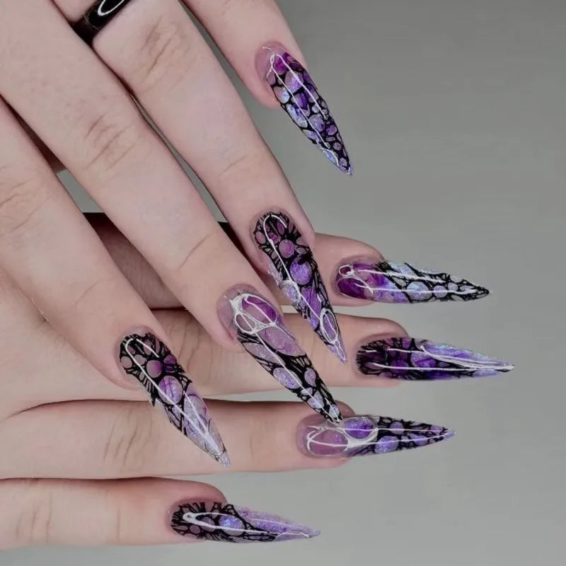 24Pcs Purple Gradient Flower False Nails Press on Long Stiletto Fake Nails Silvery Irregular Line Wearable Full Cover Nails Tips
