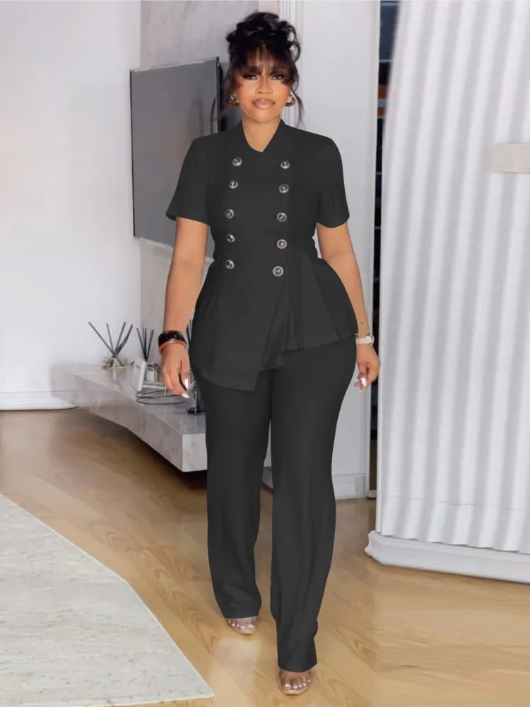 Plus Size Summer 2 Two Piece Set Women Irregular Ruffle Pleated Fashion Ladies Blouses Casual Bodycon Woman Pencil Pant