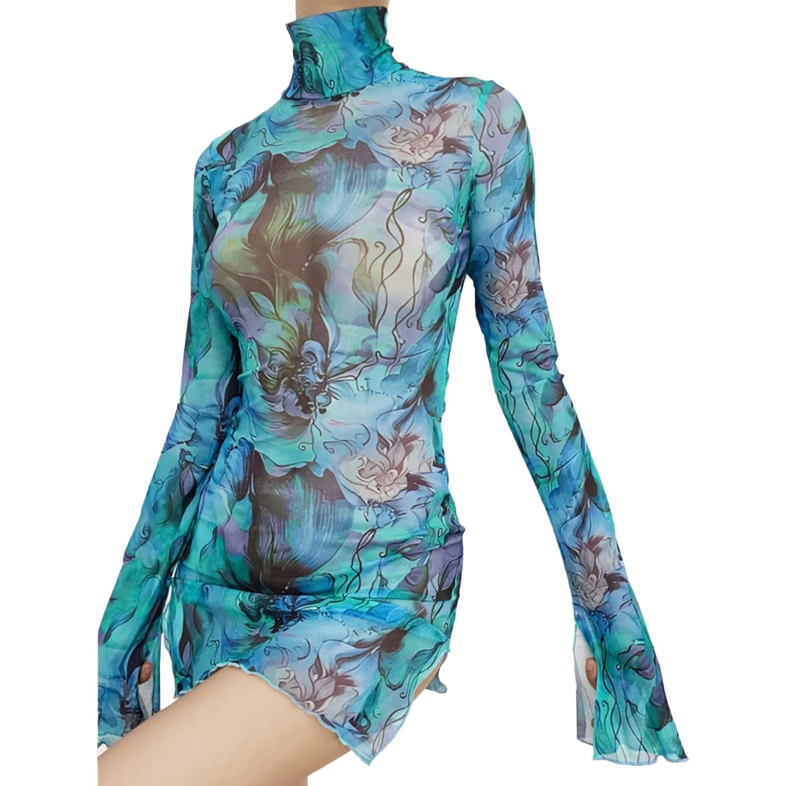 Women'S Dresses Free Shipping Ladies Mesh Printed Round Neck Bell Sleeve Side Open Hip Dress Sexy Stretch Slim Mini Skirt Y2k Blue CHINA