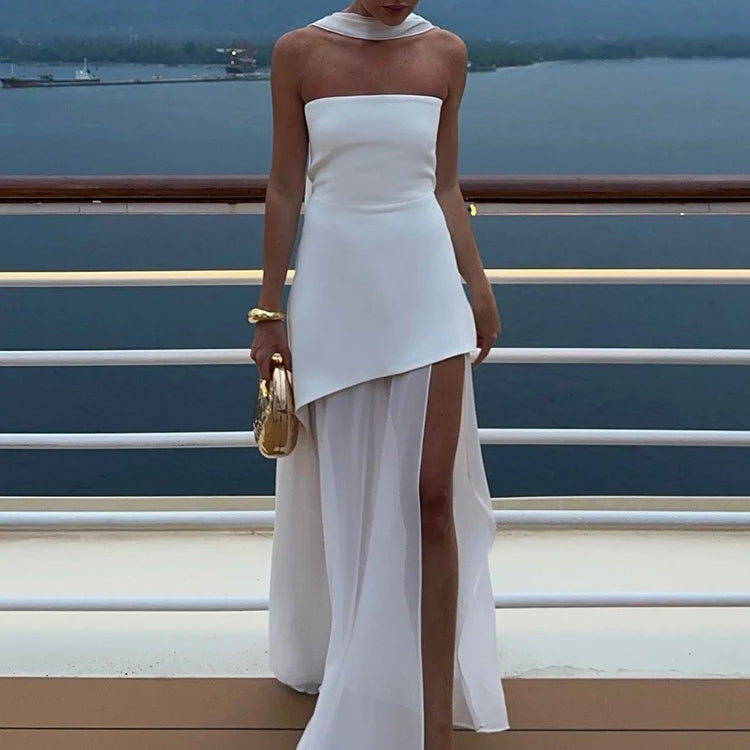 Elegant Strapless Sexy Maxi Dress For Women Gown With Scarf Off-shoulder Sleeveless Backless Split Beach Long Dress