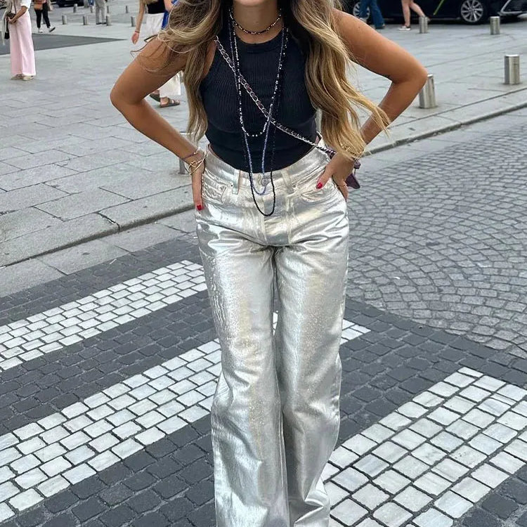 TRAFZA Women New Fashion Silver High Waist Cargo Pants Vintage Pocket Decoration Elegant Casual Loose Woman Shiny Trousers Y2K