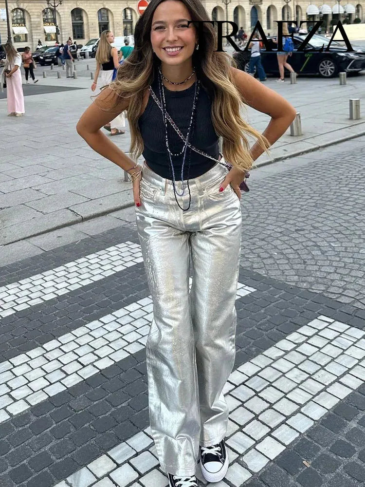 TRAFZA Women New Fashion Silver High Waist Cargo Pants Vintage Pocket Decoration Elegant Casual Loose Woman Shiny Trousers Y2K
