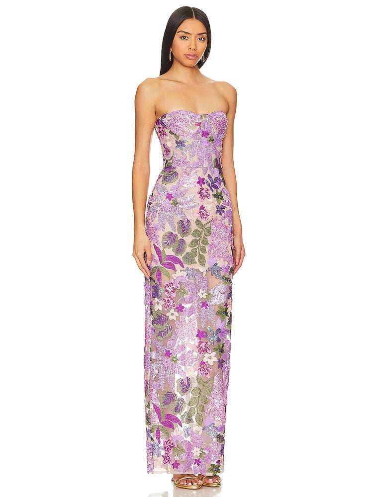Sequin Flowers Embroidery Sexy Mesh See Through Strapless Ankle Length Dress Elegant Woman Evening Dress Celebrity Party Outfit