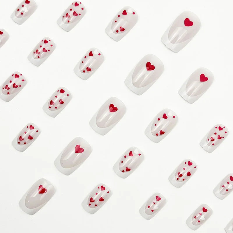 24Pcs Blush Red Fake Nails Short Square Press On Nails Love Heart Printed Women Girls Valentine's Day Charm False Nails Art