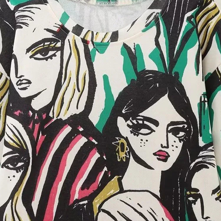 Women Fashion Girl Print Sweatshirt Vintage O Neck Long Sleeve Female Pullovers Chic Tops