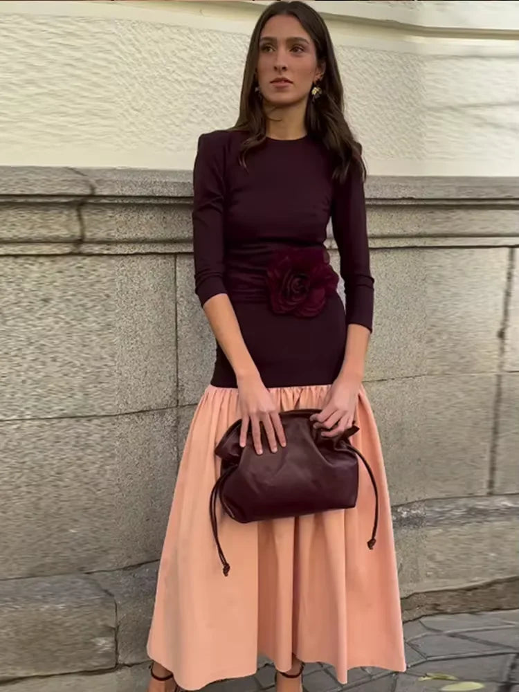 Vintage Women Ruffle Edge Splicing Full Sleeve Dress Fashion Round Neck A-line Maxi Dresses 2025 Lady Spring Highstreet Robe