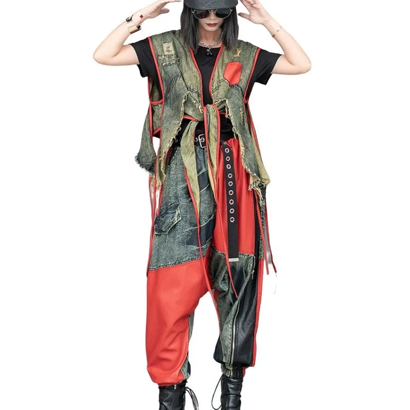 Spring Summer New Cool Distressed Denim Patchwork Irregular Vest + Hanging Crotch Pants Two-piece Set Women LX076