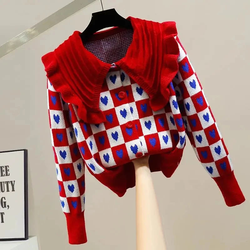 Heart-Shaped Plaid Peter pan Collar Acrylic Knitted Long Sleeve Women's Sweater Korean Fashion Chic Single Breasted Cardigan Red