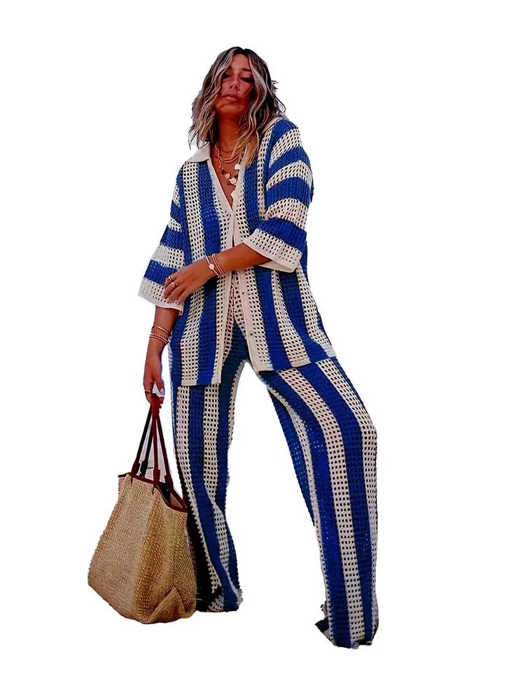 Summer Outfits for Women Vacation Hollow Out Sweater Shirt and Trouser Lady Casual Sexy Plus Size Sets 2 Piece Pants Sets Wide