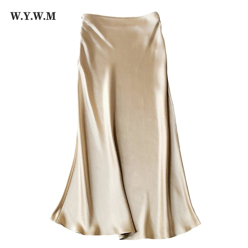 WYWM Summer High Waisted Satin Silk Skirt Women Solid 8 Color Fashion Elegant Ladies Streetwear Skirts Slim A-line Female Dress