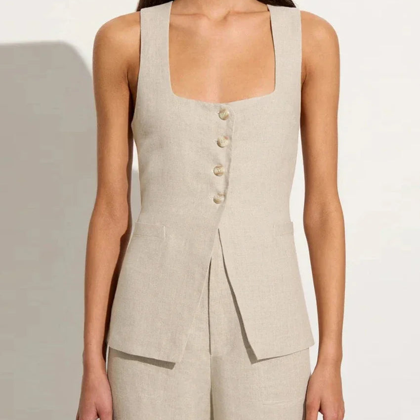 Clacive Summer Slim Khaki Linen 2 Piece Sets Women Outfit Fashion Sleeveless Tank Top With High Waist Pants Set Female