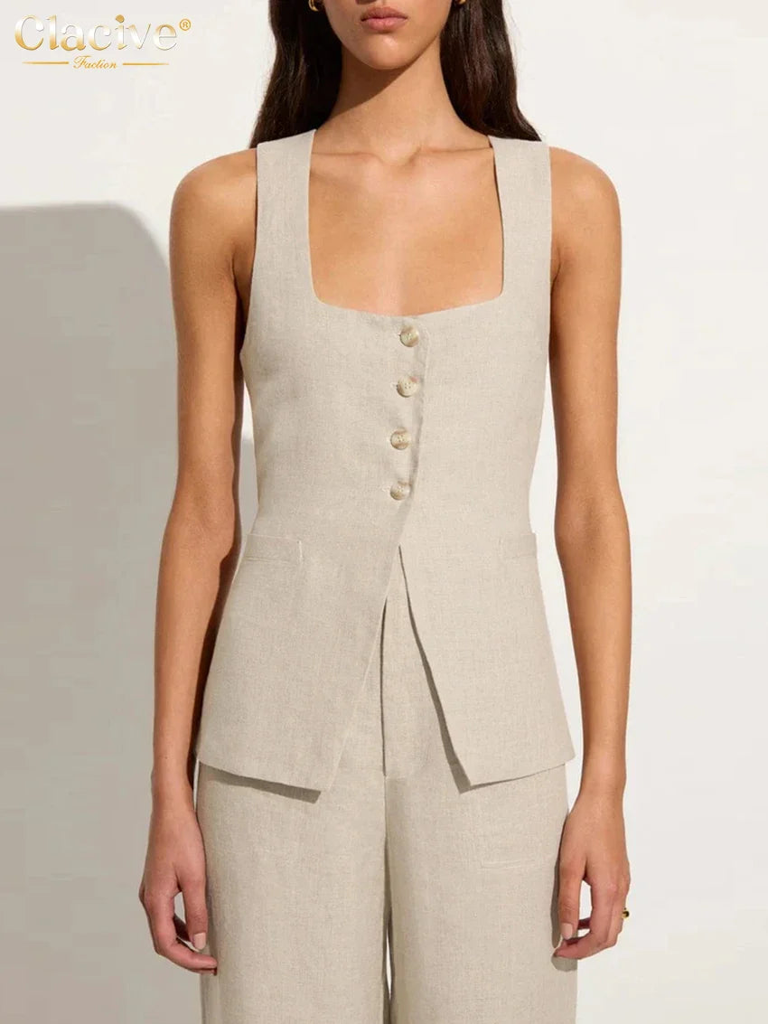 Clacive Summer Slim Khaki Linen 2 Piece Sets Women Outfit Fashion Sleeveless Tank Top With High Waist Pants Set Female