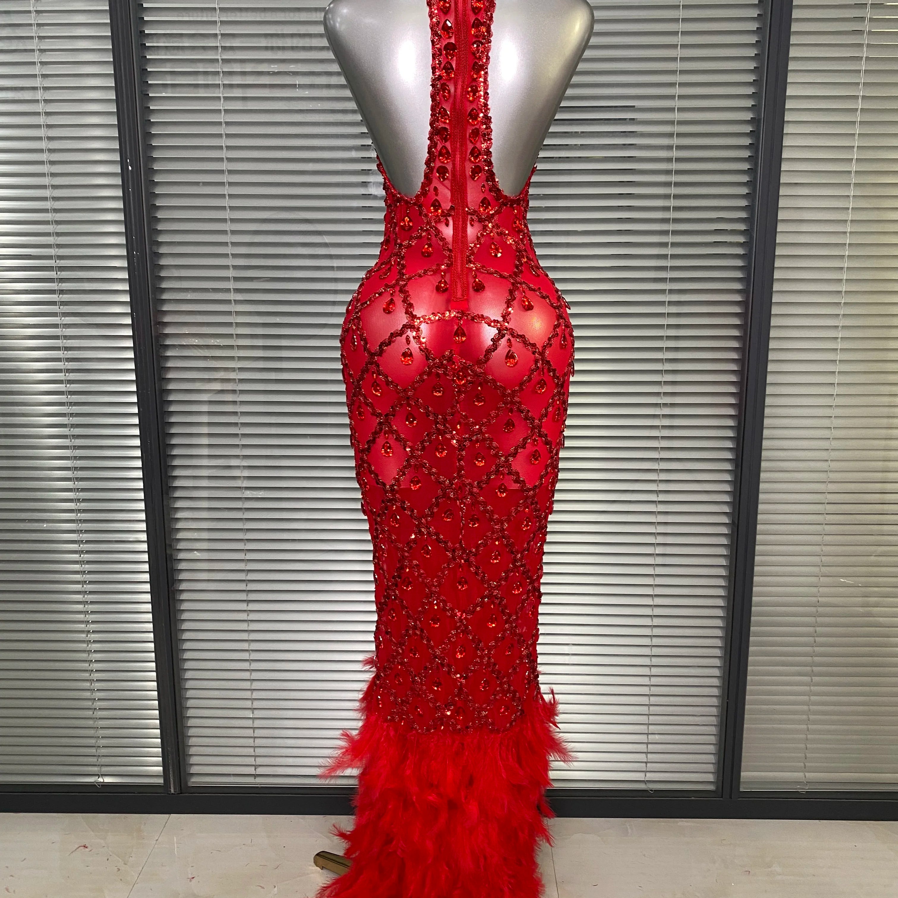 New Women Sexy Black Red Feathers Crystal Diamonds Maxi Dress Birthday Party Costume Elegant Singer Stage Performance Dress