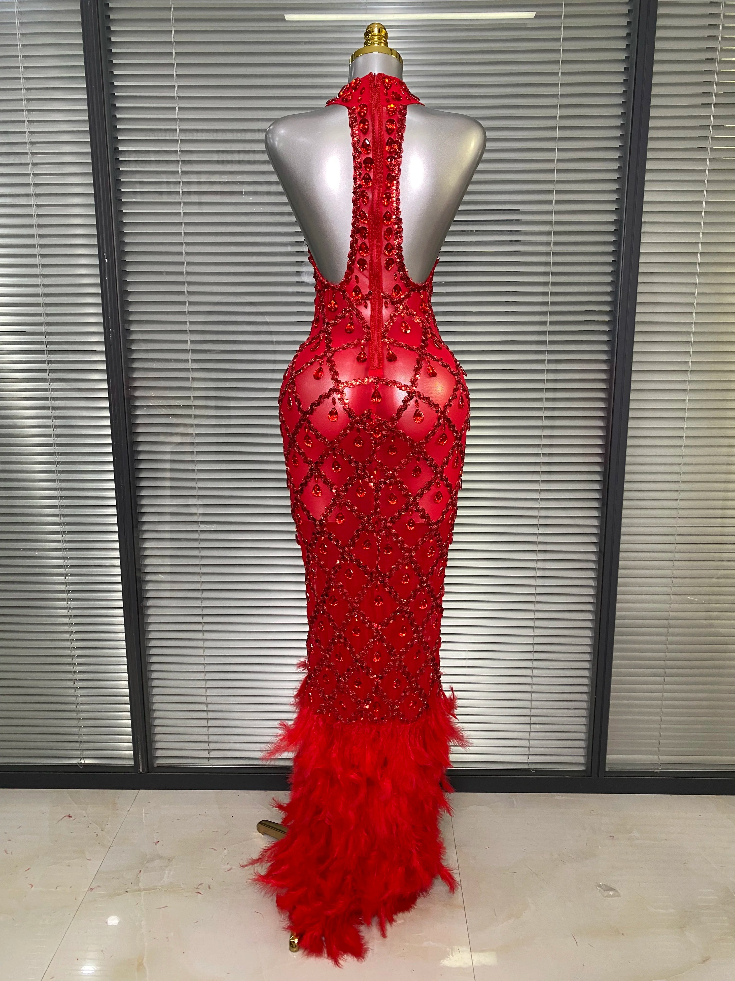 New Women Sexy Black Red Feathers Crystal Diamonds Maxi Dress Birthday Party Costume Elegant Singer Stage Performance Dress