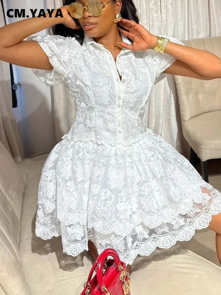 CM.YAYA Women Short Sleeve Lace Embroidery A-line Tiered Mini Dress 2025 Sweet Elegant Sexy Evening Night Party Vestidos Dresses