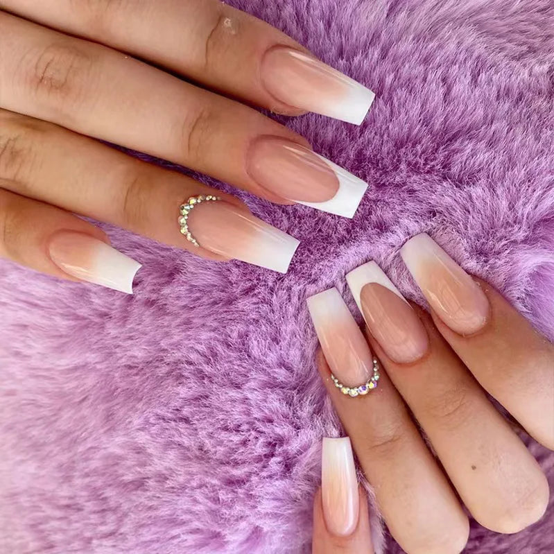 24Pcs Mid-length French False Nail with Diamond Gradient Square Press on Nails Flower Design Fake Nail Wearable Manicure Tools