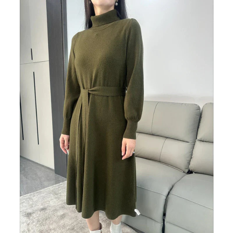 Dress Women's Autumn and Winter Knitted Thickened High Neck Long Sleeve Solid Color with Coat Medium Long Warm Fashion Elegant Deep Autumn Green