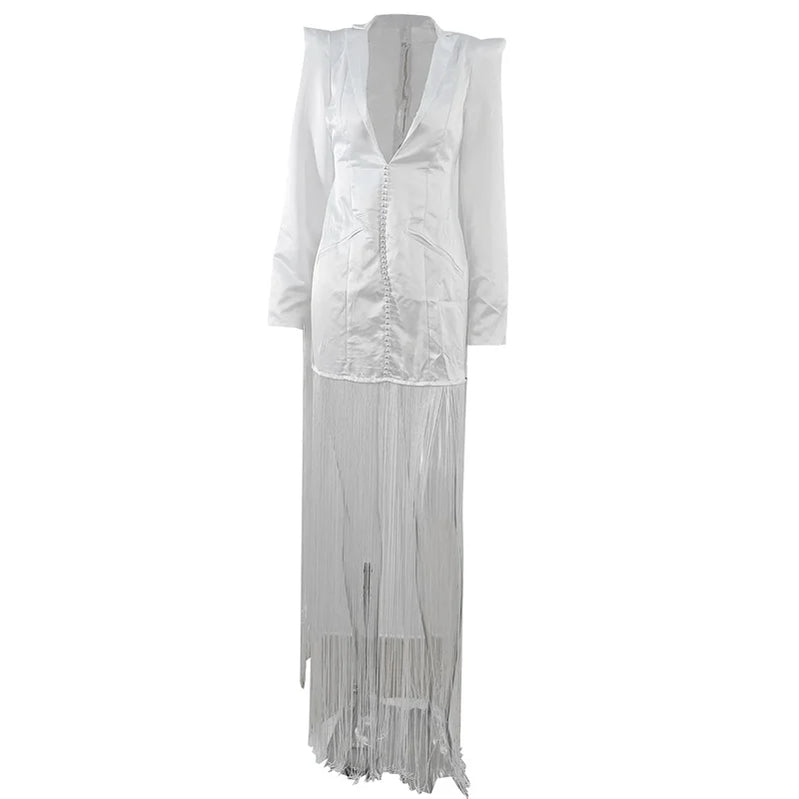 Extra LongTassel Splicing Maxi Party New Dress Women White V Neck Long Sleeve Pearls Button Bodycon Blazer Evening Gown Clothing WHITE