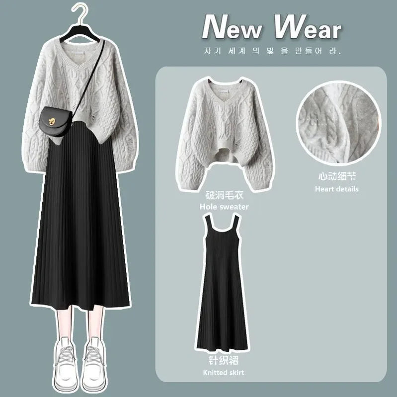 Autumn Winter Suit Women's Korean Version Western Style Relaxed Lazy Wind Sweater Slim Sling Dress Two-piece Suit Set 08