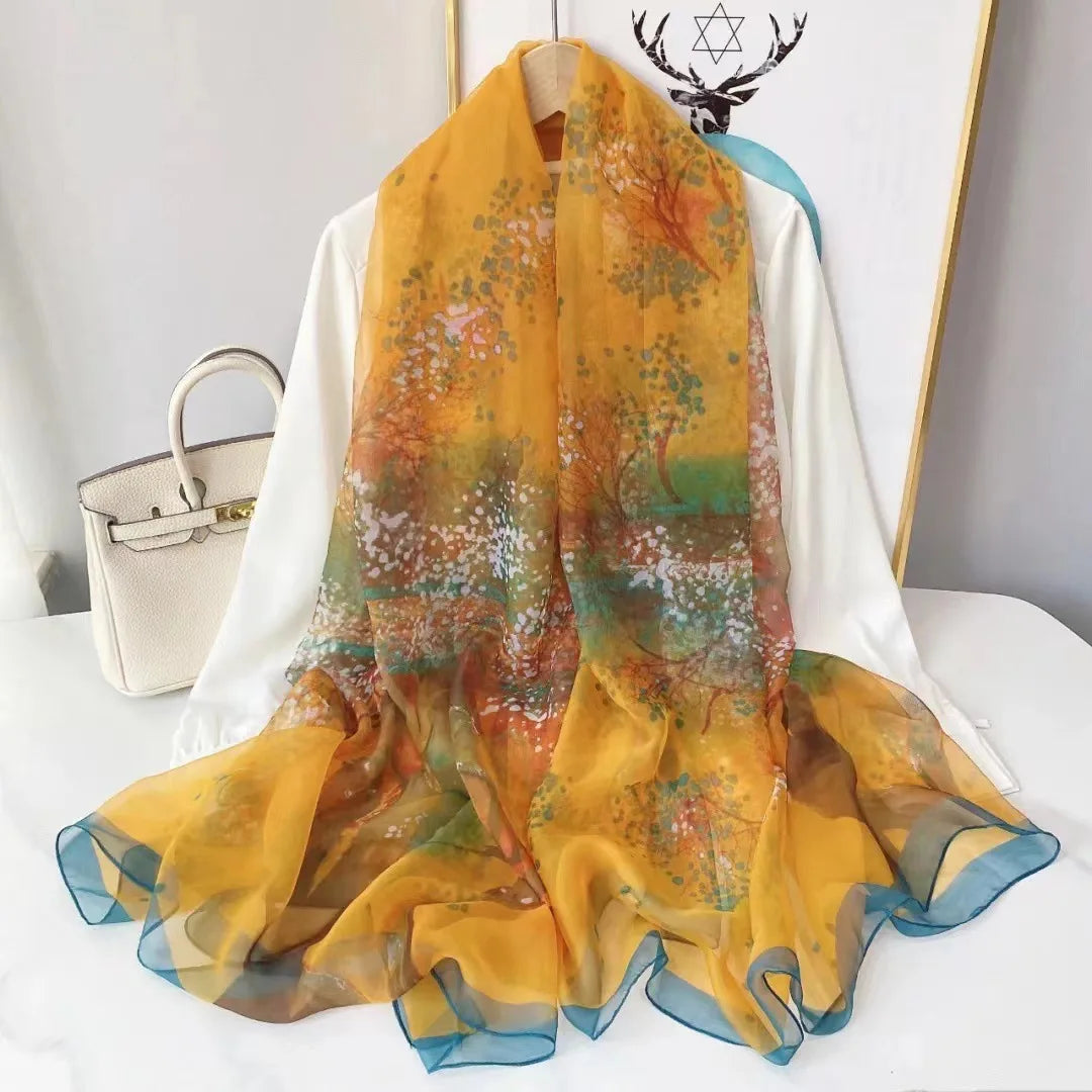 Print Silk Scarf Hijab Women Spring Deisgn Soft Beach Stoles Elegant Head Scarves Echarpe Shawl Satin Large Wrap Echarpe Bandana see chart 12