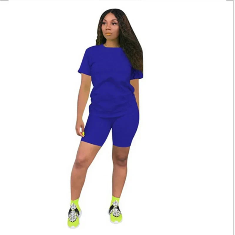 Women Sets Summer Outfit Sportswear Two Piece O-Neck Short Sleeve Tee Gym Tracksuit Jogging Tshirts Casual Style Blue