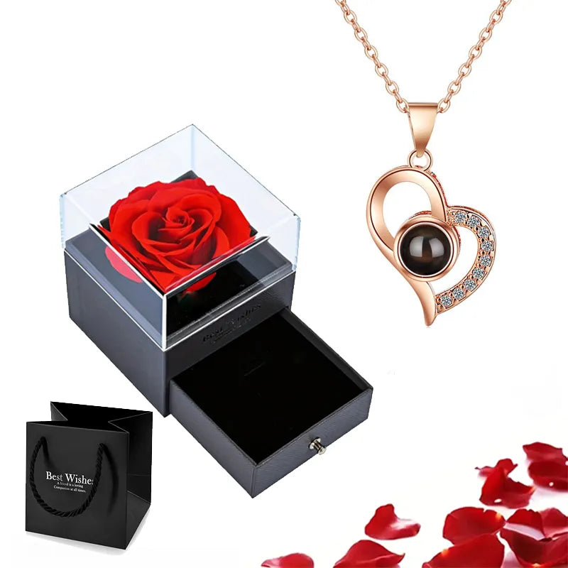 Projection Necklace Set With Rose Gift Box 100 Languages I Love You Heart Pendant Jewelry Accessories gold-01 45cm