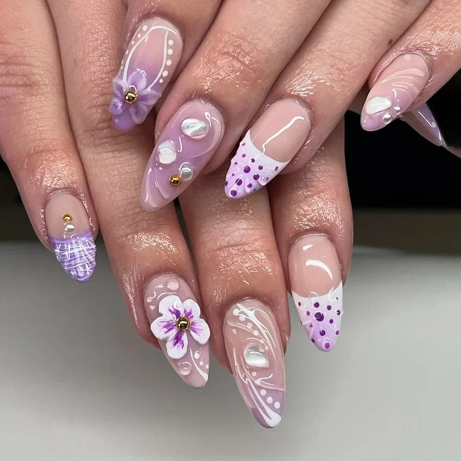 24Pcs French False Nails With Purple Edge  Almond Bow Flower Design Detachable Acrylic Fake Nails Long Stiletto Press On Nails