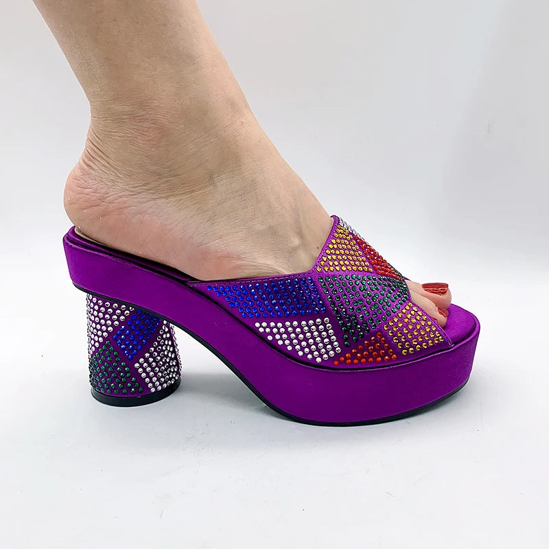 Fashion Italian Designers Luxury Round Toe Rhinestone Bright Diamond Patchwork Summer Women's Platfrom High Heels Shoes Purple