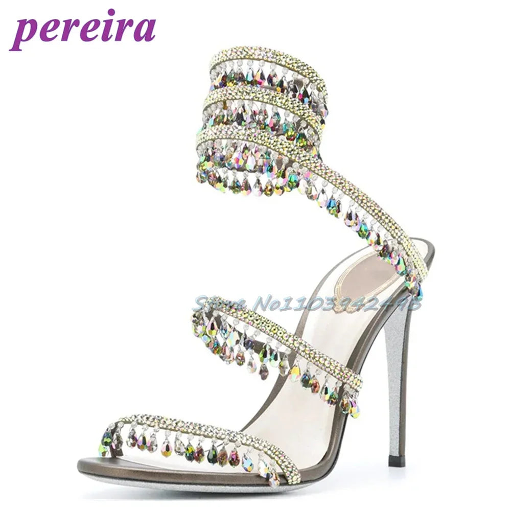Snake-Shaped Heeled Sandals Open Toe Rhinestones Tassel High Heels Winding Pendant Designer Shoes Women Luxury Summer Dress 2025