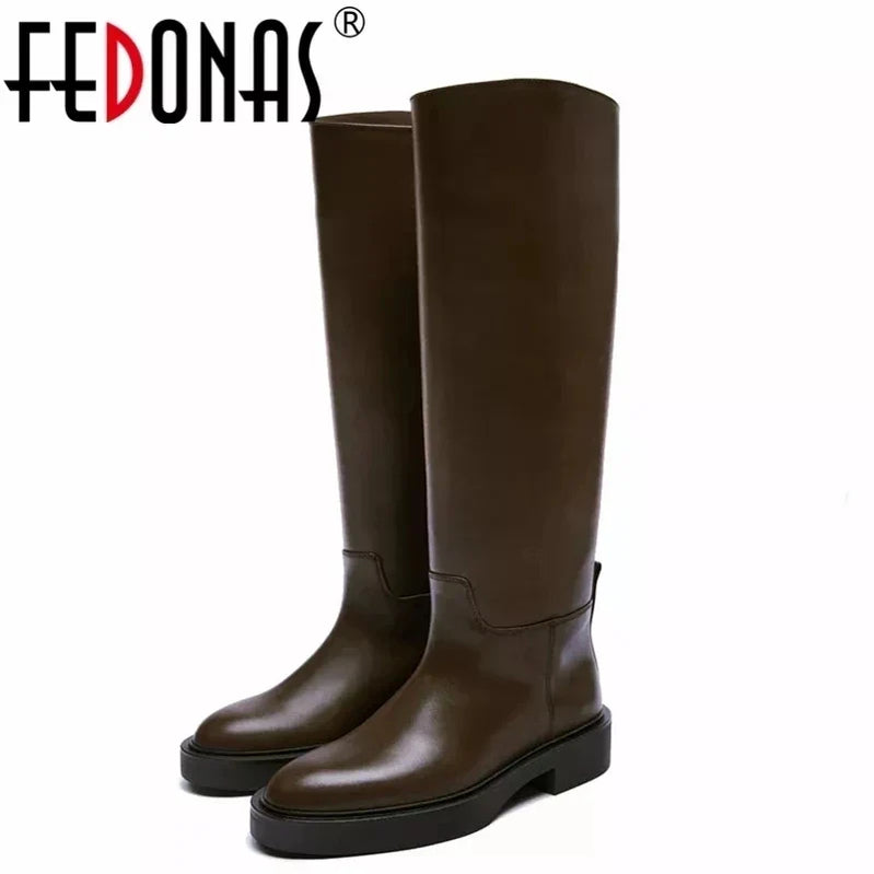 FEDONAS Ins Genuine Leather Knee High Boots For Women Thick Heeled Autumn Winter Warm Shoes Woman High Motorcycle Boots