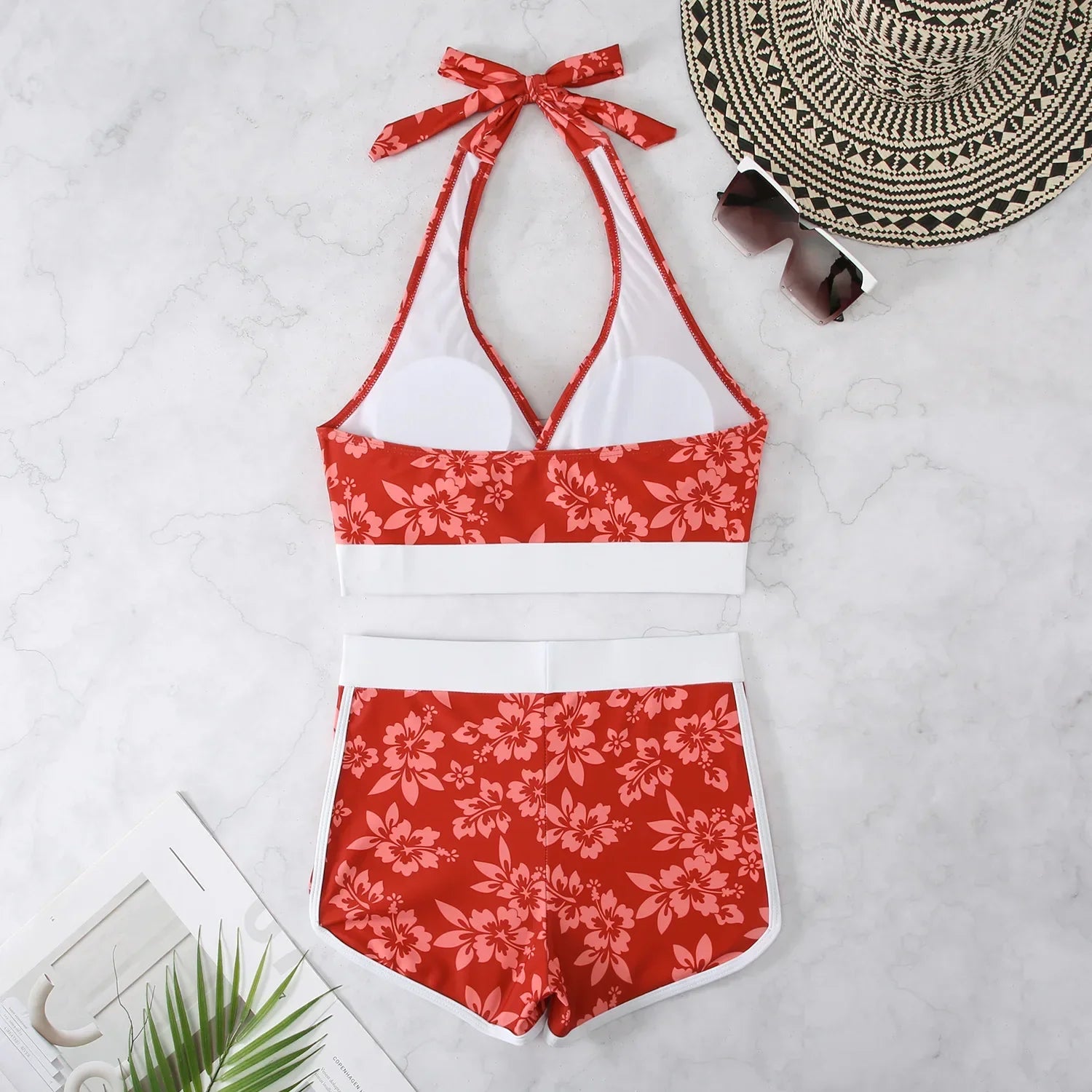 Flower Print 2 Piece Swimsuit Women,sexy High Waist V-neck Tankini Bikini, Suspender Halter Swimwear,summer Beach Vacation
