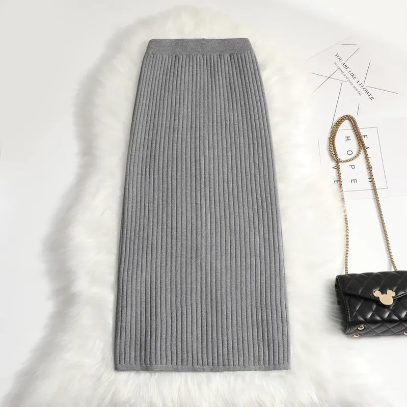 Women sweater skirt pencil midi knitted skirt high waist skirts womens winter long warm knitting skirts split bottoms Dark Grey