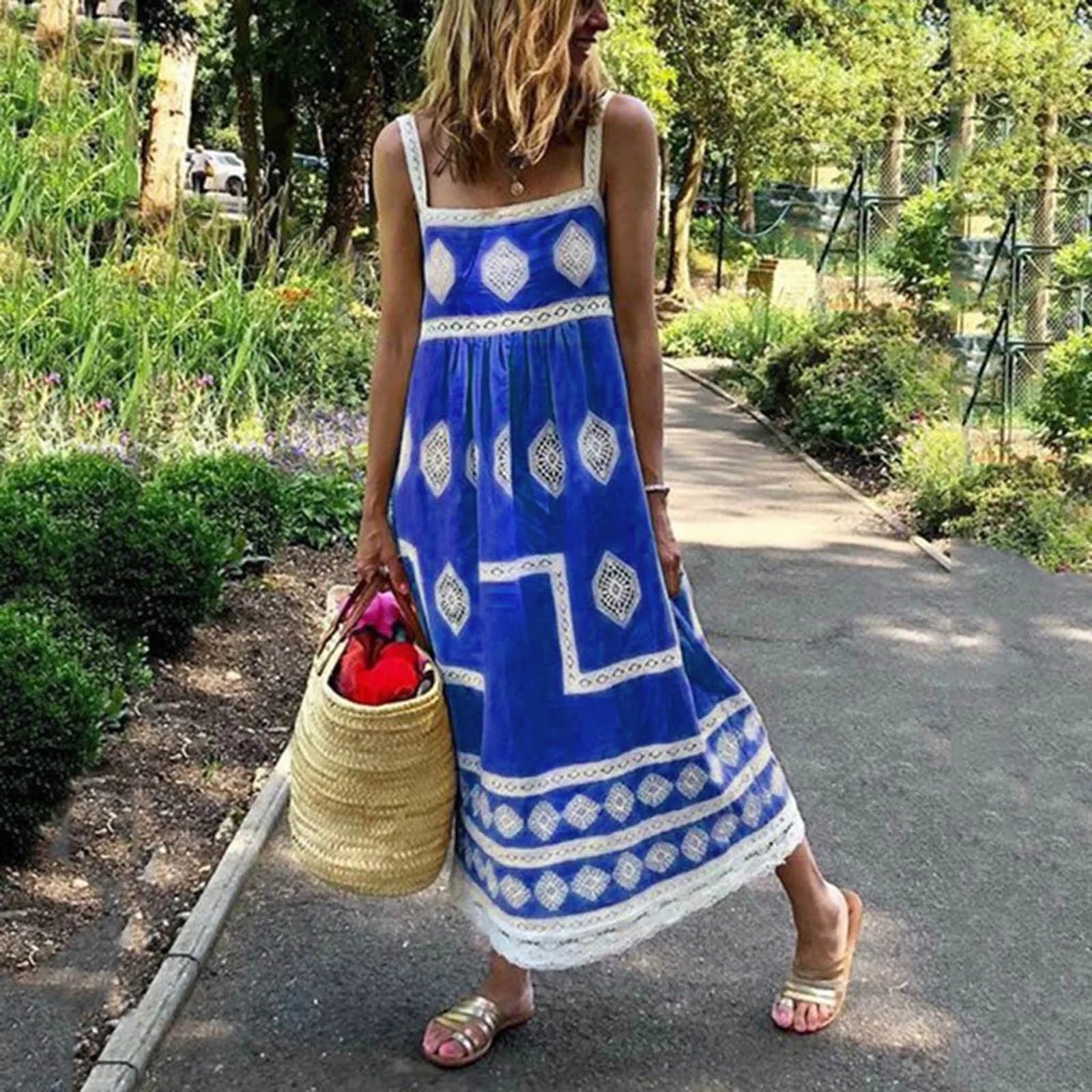 Women Summer Beach Sundress Vintage Vestidos Print Strap Dress Boho Style Big Swing Holiday Maxi Dress Female Casual Dress Blue